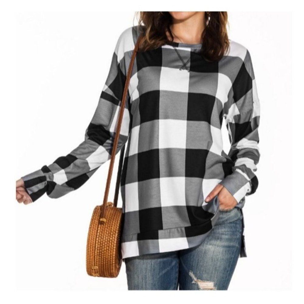 Women's Long Sleeve Plaid Printed Slit Hemline Long Sleeve Mid-Length Tops